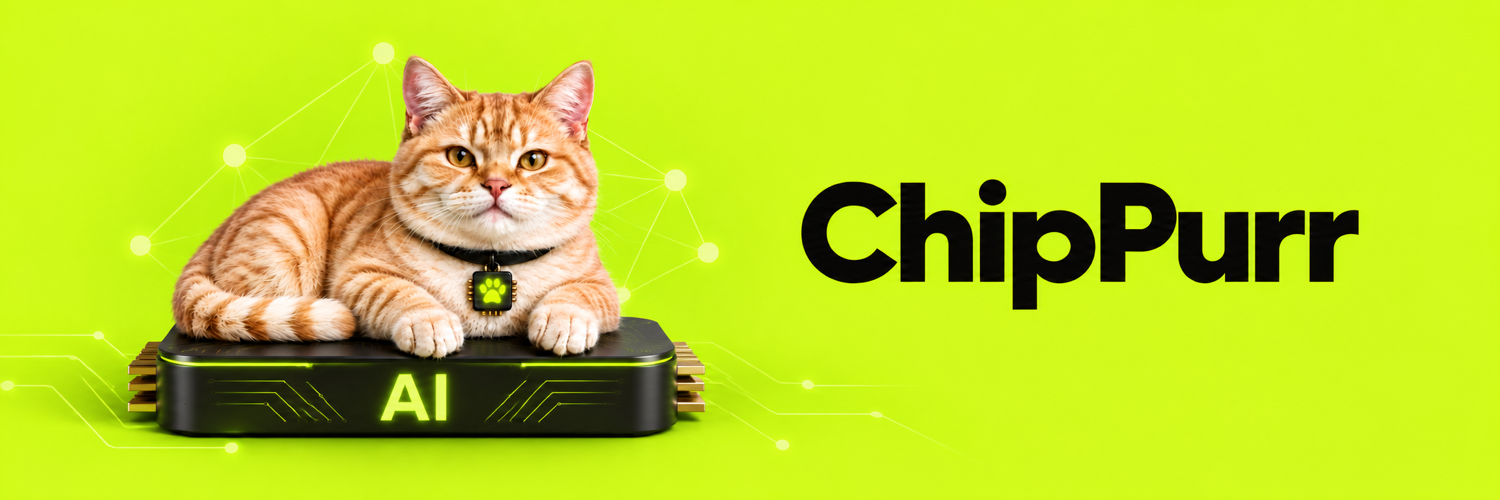 ChipPurr, an orange tabby cat resting on a glowing AI chip